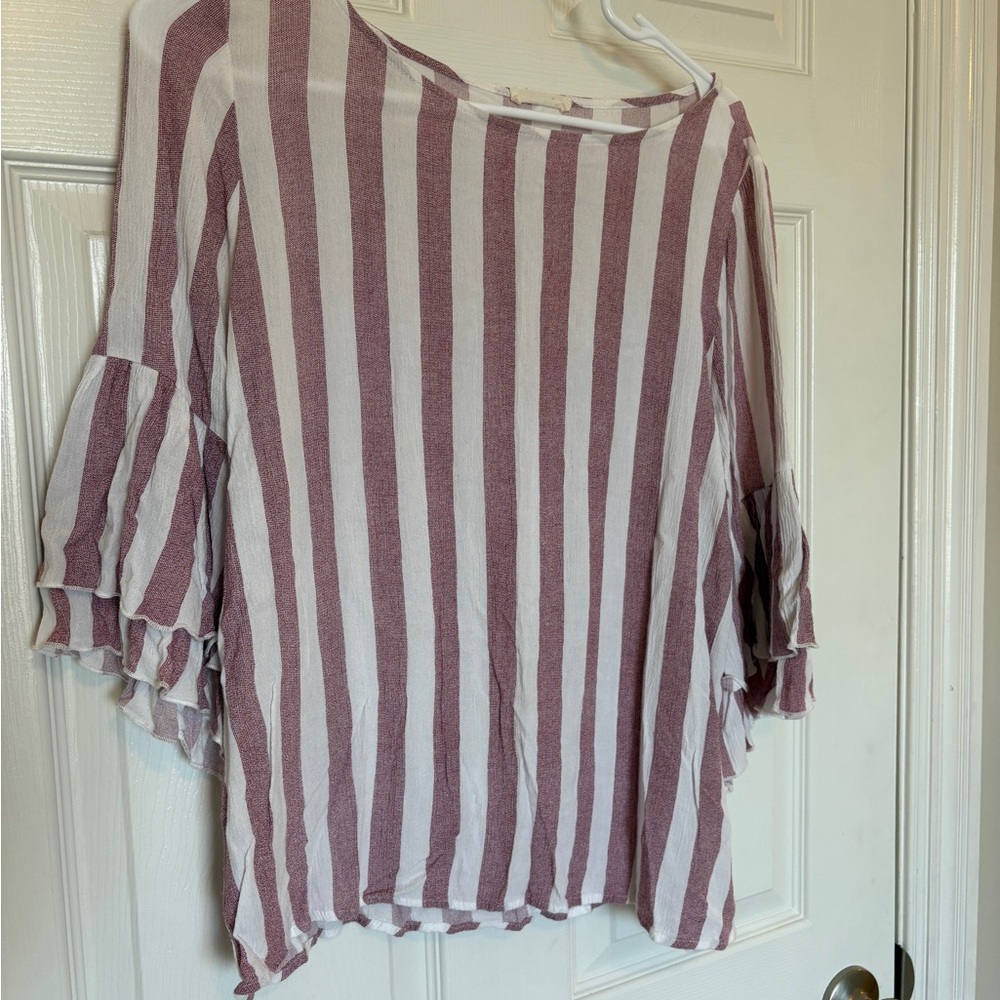 Striped Ruffle Sleeve Top - Pink and White